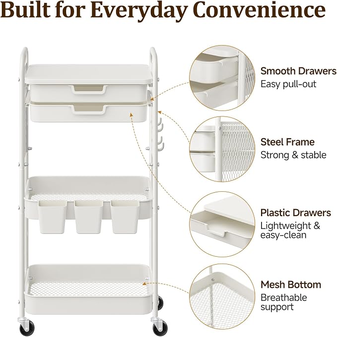 3 Tier Rolling Cart with 2 Drawers, Metal Utility Storage Carts with Wheels | Kitchen Rolling Cart 4.5" Deep Basket, Mesh Side Panel with 3 Cups, 4 Hooks for Office, Bedside, Craft Storage Cart