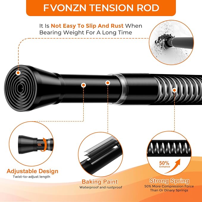 2Pack Tension Curtain Rod 28-48 Inch 7/8" Diameter, Adjustable No Drilling Rustproof Black Spring Loaded Curtain Rods for Window, Doorway, Bathroom, Closet, Kitchen, Shower Stall