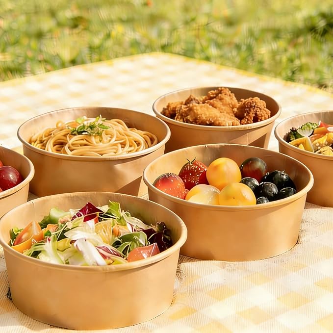 25 Pack 25oz Disposable Kraft Paper Bowls with Lids and Forks, Meal Prep Containers Disposable Soup Serving Bowls Take Out Containers for Party, Microwave Safe for Hot/Cold Food (Round)