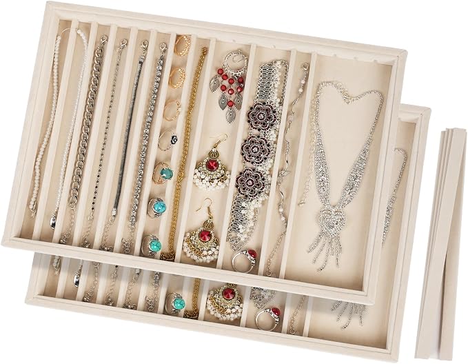 2 Sets Large Jewelry Trays with Drawer Insert Velvet Jewelry Organizer Tray for Women, Jewelry Display Trays with 16 Grids