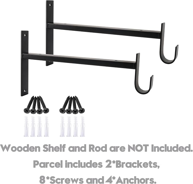 AddGrace Closet Rod Bracket Heavy Duty Shelf Brackets Black 13 Inch 2 Pack | Fit for Closet Wardrobe Laundry Room and Kitchen, with Hook, Store Above and Hang Below, Supports 66 lbs, Easy to Install