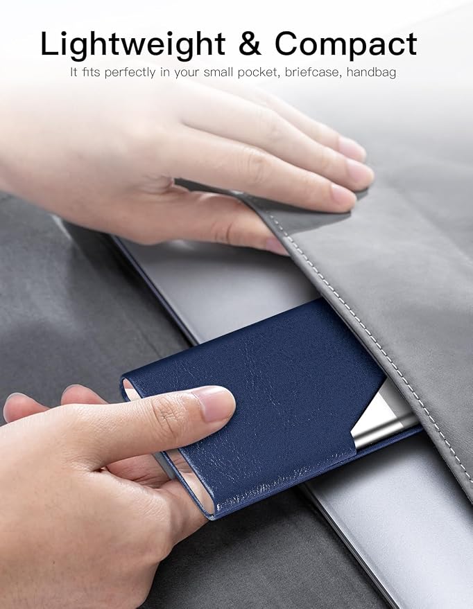 Padike Business Card Holder, Leather Business Card Case Pocket Card Holders for Men or Women, Metal Slim Name Card Holder RFID Blocking Business Card Carrier with Magnetic Closure(Z-Navy Blue)