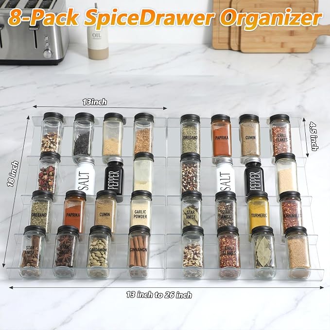 8-Pack Clear Seasoning Rack for Drawer, Expandable Acrylic Spice Drawer Organizer (13 to 26 Inches) Holds up to 56 Jars, Kitchen Spice Rack for Drawers Storage
