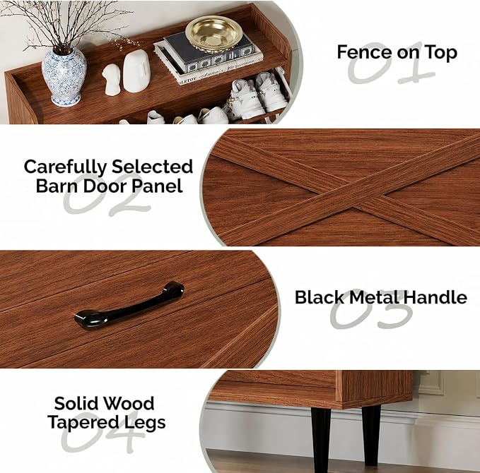 VINGLI Shoe Storage Cabinet for Entryway with 2 Flip Drawers, Ultra Slim Freestanding Entryway Shoe Organizer with Wood Tapered Legs,Hidden Closed Shoe Rack,31.6" W * 9.4" D * 39.4" H, Walnut
