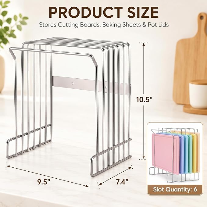 Geetery Wall Mount Cutting Board Rack 6-slot Metal Wire Polished Stainless Steel Cutting Board Organizer Holder for Commercial Kitchen Fits Baking Sheets and Pans Lids 9.5" x 7.4" x 10.5"