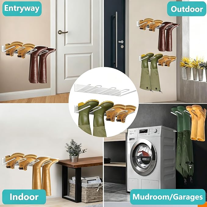 Boot Rack 8 Pairs Wader Hangers Metal Boot Hangers Wall Mount Holds- Boots Storage Organizer Tall Boots Holder for Cowboy Garage Storage Closet Entryway Outdoor Drying White 4 Pack