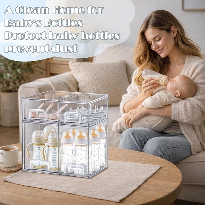 Baby Bottle Organizer with Hooks - 4 Pack Stackable Storage Drawer | Baby Bottle Organizers and Storage, Clear Acrylic Multipurpose Bottle Storage for Countertop