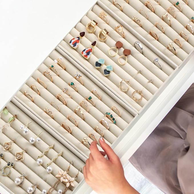 Highergo 8 Pcs Velvet Jewelry Trays Stackable Drawers Organizer Ring Earring Bracelet Necklace Storage Trays, 8.3x4.7x1''(7 Long Slots)