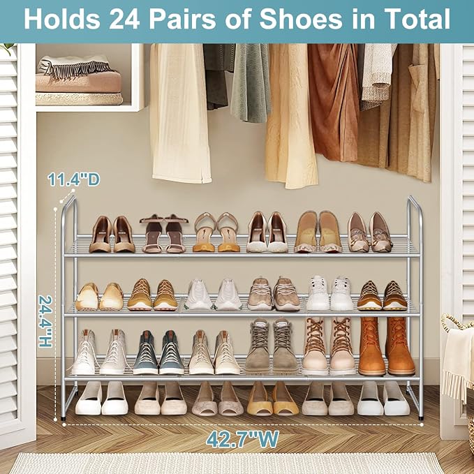 AOODA 3-Tier Long Shoe Rack for Closet Metal Wide Shoe Storage Organizer for Entryway, Bedroom, Floor, Holds 24 Pairs Men Sneakers Stackable Boot Shelf with Wire Grid, Grey