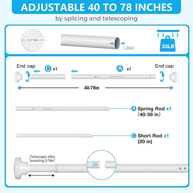 MEXAU White Shower Curtain Rod 40-78 Inch Adjustable 1.26 Inch Diameter Tension Curtain Rod No Drill, Tension Rod for Window, Bedroom, Bathroom, Outdoor, Room Divider