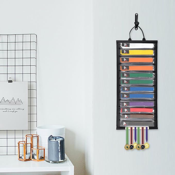 JUXYES Wall Hanging Martial Arts Belts Organizer for 12 Belts, Portable Karate Belt Display Holder with Medals Hanging Stick, Lightweight Taekwondo Belt Organizer for Martial Arts Learners