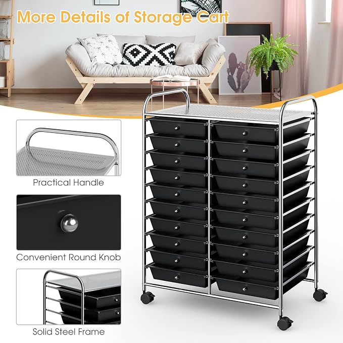 LDAILY 20-Drawer Rolling Storage Cart, Rolling Storage Cart, Storage Organizer on Wheels, Metal Frame, Scrapbook Paper Tools, Suitable for Office School, Classroom (Black, 20 Drawer)