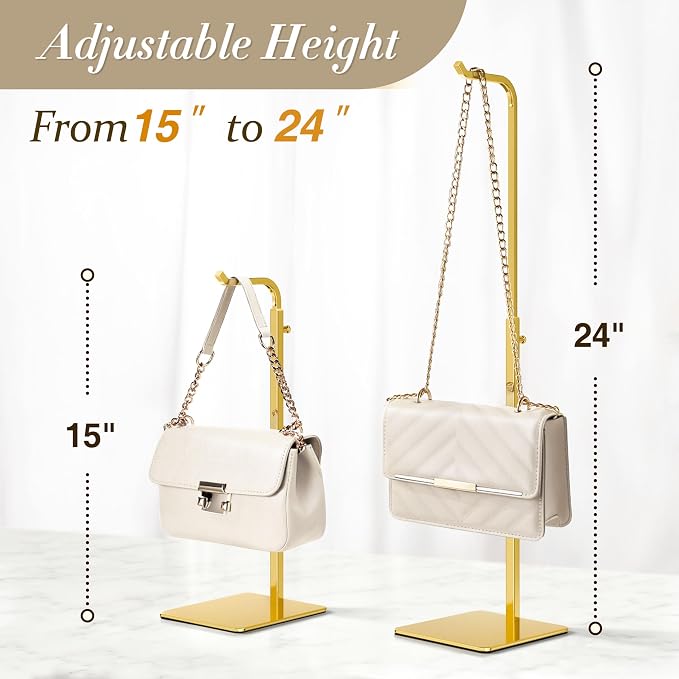 pickpiff Shiny Gold Purse Display Stand, Adjustable Handbag Holder for Closet, Desk, or Retail Display (1 Pack)