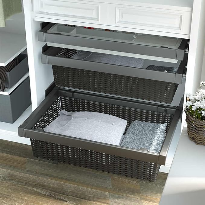Pull Out Cabinet Storage Basket,Wardrobe Storage Organiser,Stackable Detachable Baskets Closet Storage Box,for Kitchen Office Wardrobes Cupboard Storage(Brown,437x20x480mm)