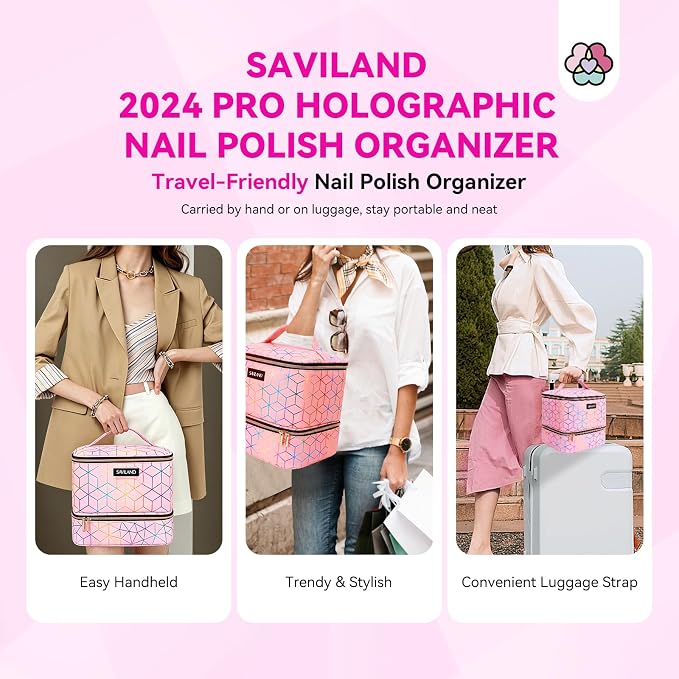 SAVILAND Nail Polish Organizer Bag: PU Leather Nail Polish Storage Organizer Holds 30 Bottles & Nail Lamp, Nail Polish Holder Travel Carrying Case Box Nail Tech Organizer Storage Bag for Nail Supplies