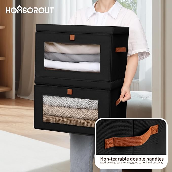 Homsorout Collapsible Storage Bins - Large Stackable Organizer Bins, Decorative Boxes with Handles & Window, Fabric Containers for Living Room, Closet, Dorm, 2 Pack, Black
