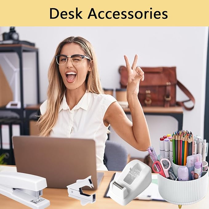 Office Supplies,Desk Accessories,with Stapler, Tape Dispenser,Desk Organizer,Folding Phone Holder,Pen,Journal Notebook,Scissor,Staple Remover,Staples,Clear Tape,Sticky Notes,Paper Clips,Bookmark,Ect