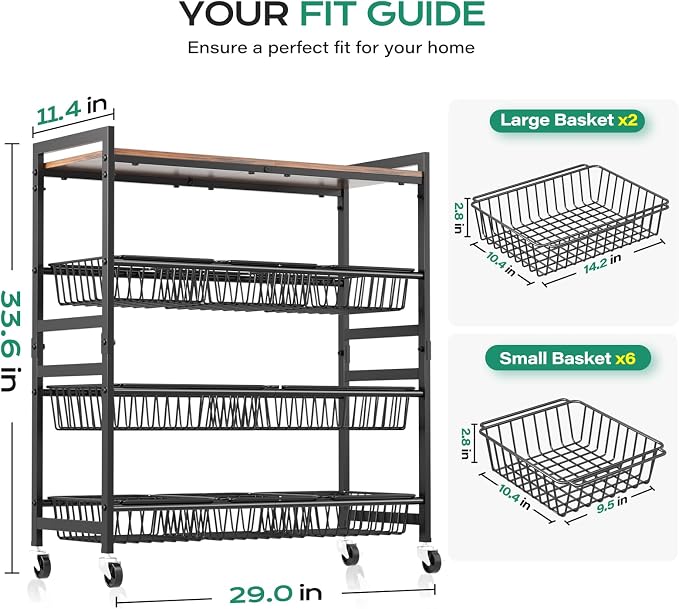 Cinati 4-Tier Utility Kitchen Cart with Wood Top, 29" W Kitchen Storage Cart with 8 Baskets & Handle, Metal Snack Cart with Wheels, Adjustable Pantry Organizer and Storage Cart for Fruit, Vegetables