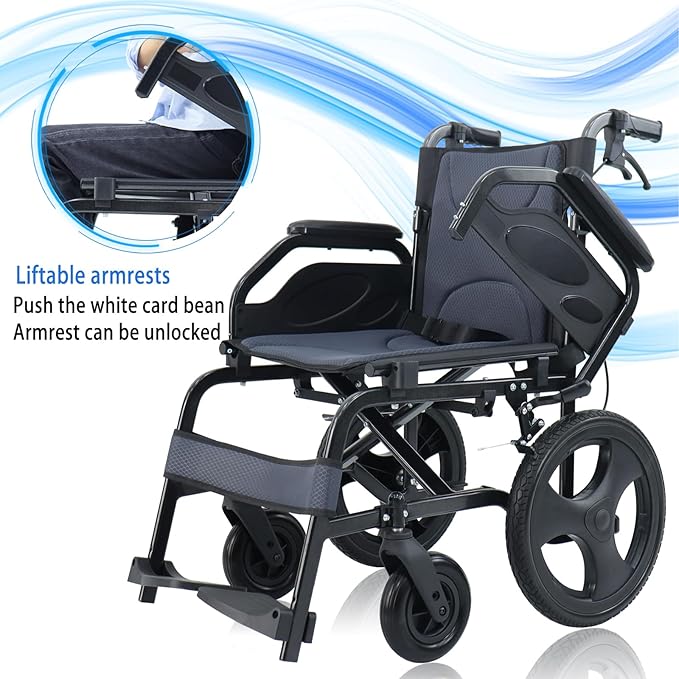 Lightweight Wheelchair Aluminum Alloy with Handbrakes, Silla de Ruedas for Adults, Durable Square Tube and Flip Up Armrest