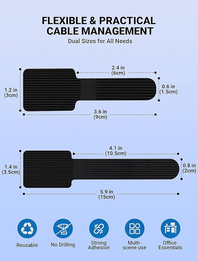 Extended Hook and Loop Cable Ties, Heavy-Duty Self-Adhesive Cable Straps, Cable Management Under Desk Cord Organizer, Adjustable Wire Organizers Cable Clips for Household & Office Essentials, 50PCS