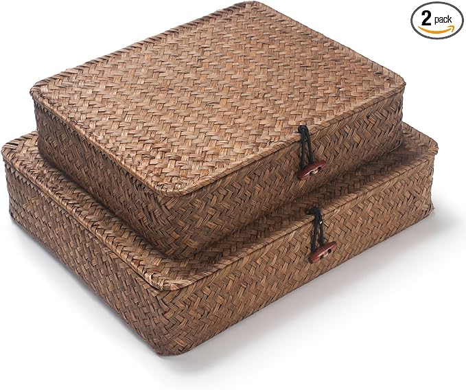 Seagrass Storage Baskets with Lids, Flat Wicker Basket, Shallow Woven Basket for Shelf, Decorative Storage Boxes for Organizing (Coffee)