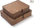Seagrass Storage Baskets with Lids, Flat Wicker Basket, Shallow Woven Basket for Shelf, Decorative Storage Boxes for Organizing (Coffee)