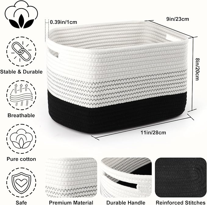 4 Pack Storage Baskets for Organizing, 11''Lx9''Wx8''H Woven Baskets for Storage Toys, Towels, Books, and Clothes, Cotton Rope Basket for Shelves with Handle White & Brown