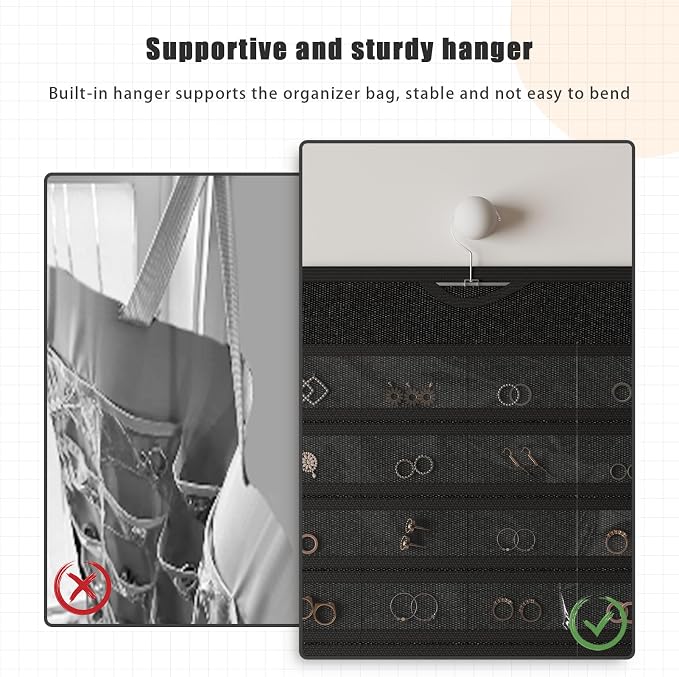 Hanging Jewelry Organizer 80-Pocket Double-Sided Storage, 1-Pack, Black | Foldable clear PVC 80-pocket storage; swivel hook fits walls, doors & rods to organize earrings, necklaces, bracelets & rings