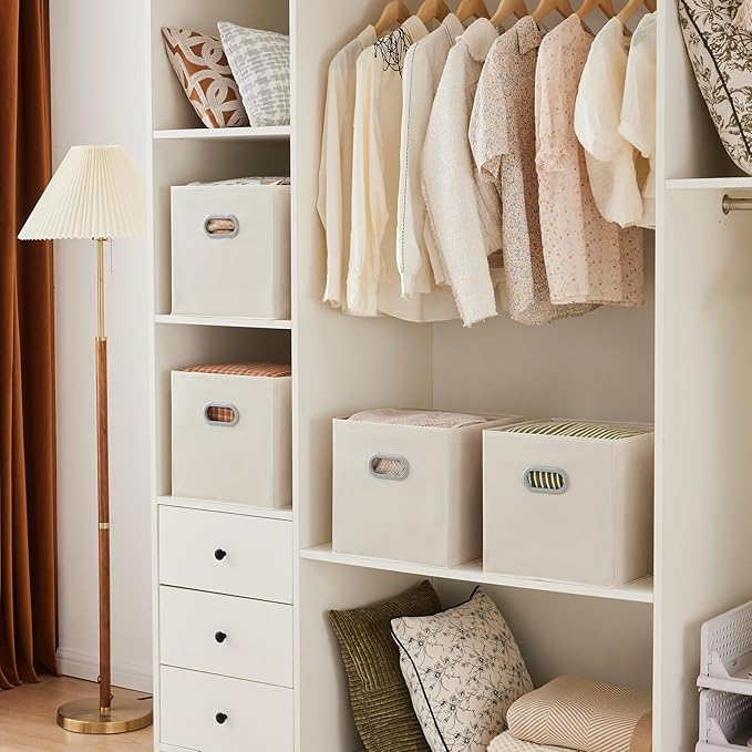 MAX Houser 6 Pack Foldable Fabric Storage Bins with Handles - Ideal for Closet Organization, Bedroom （Beige,12"x12"x12"）