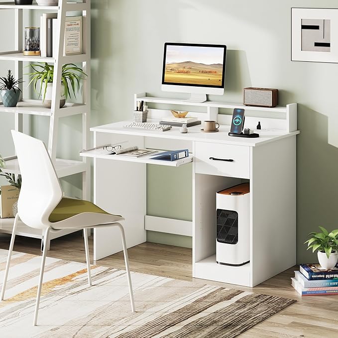 Giantex White Desk with Drawers, Modern Home Office Desk with Keyboard Tray, Monitor Stand & Adjustable Shelf, PC Laptop Table Computer Workstation, Study Writing Desk for Small Spaces, Bedroom