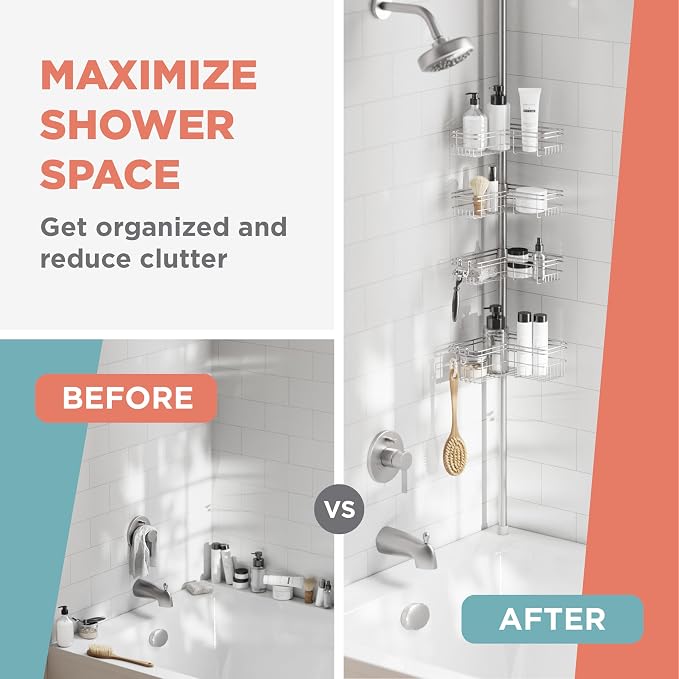 Zenna Home Tension Pole Shower Caddy Corner Organizer, Adjustable Standing Shower Caddy with 4 L-shaped Baskets and Hooks, Rust Resistant Bathroom Tension Rod Organizer, 60 to 97 Inch, Satin Nickel