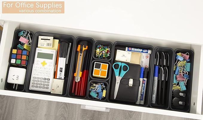Kutesna 44 PCS Interlocking Drawer Organizer Set,4-Size Plastic Versatile Bathroom and Desk Drawer Divider Organizer Trays,Multi-size Storage Bins for Office,Jewelries, Kitchen Utensils and Makeup
