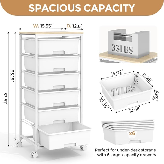 6 Drawer Rolling Storage Cart with Wooden Top and Wheels for Crafts,White | Easy Setup, Large Capacity, Sturdy Build, Lockable Mobility, For office, classroom and art studio supplies