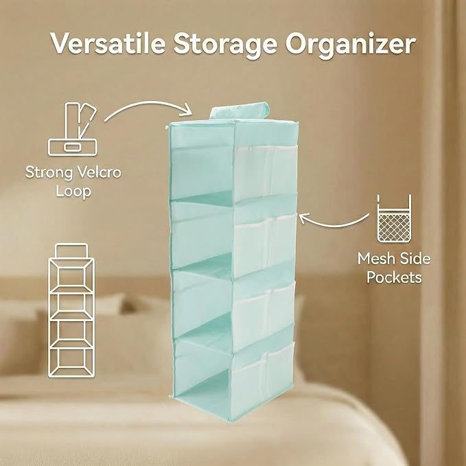 4-Shelf Closet Hanging Organizer Foldable Hanging Storage Shelves with Strong Magic Tapes Space-Saving Wardrobe Hanging Shelf for Clothes Towels Accessories Blue