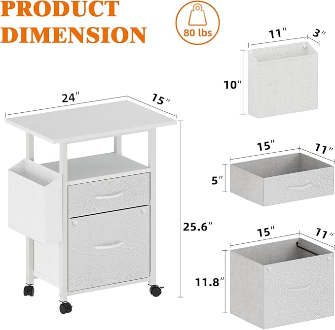 GYIIYUO 2 Drawer File Cabinet with 24'' Extended Desktop, Mobile | Rolling Filing Cabinet, Side Bag, Fits A4/Letter Size, Rolling Printer Stand, Home Office, Fabric Drawer, White