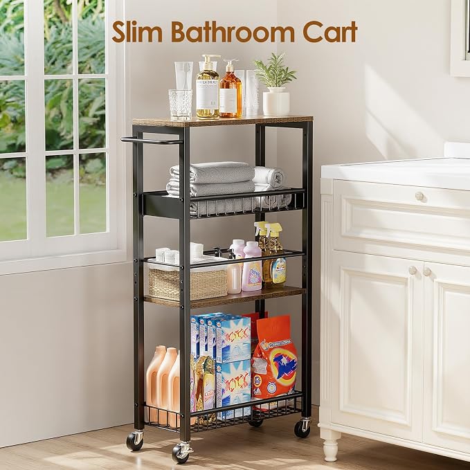 Slim Rolling Storage Cart, 4 Tier Narrow Storage Cart, 9.1in(W) | Metal Kitchen Rolling Cart for Small Spaces, Narrow Shelf for Kitchen, Laundry Room, Bathroom, Living Room
