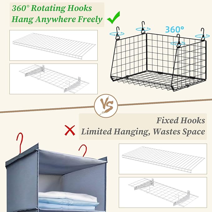 3-Pack Hanging Laundry Room Organizaton：Foldable Laundry Basket Wire Basket with 360°Rotating Hooks Small Space Organization Over Washer and Dryer Shelves - Hanging Closet Organizer, Black Patent