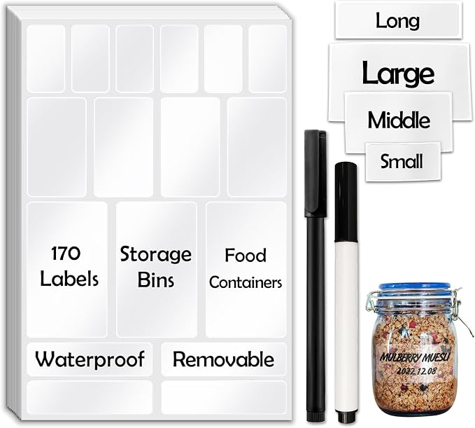 JIEHENG 170Pcs Clear Removable Labels for Jars,for Storage Bins,for Food Containers with 2 Liquid Chalk Marker(Transparent)