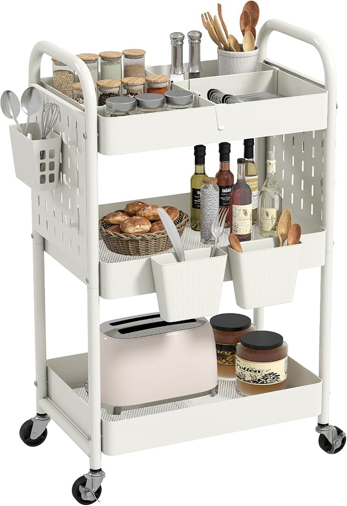 danpinera Craft Cart, Black Rolling Cart with Retractable Dividers & DIY Pegboards for Kitchen, Bedroom, Laundry