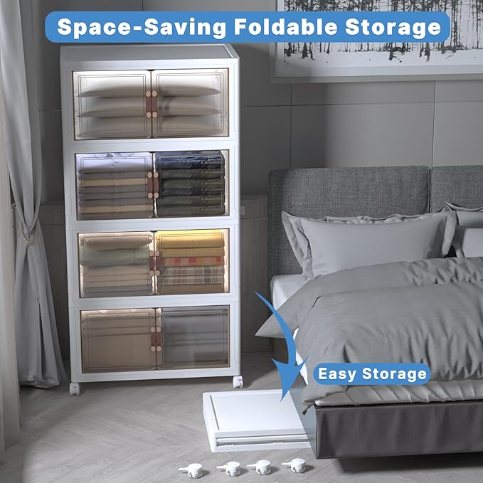 Stackable Storage Bins with Lids, Collapsible Storage Boxes, Foldable Plastic Storage Drawers for Bedroom,Office, Dorm (4, White, XL)