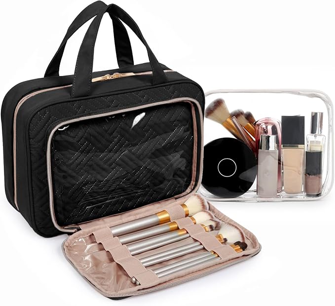 BAGSMART Toiletry Bag Hanging Travel Makeup Organizer with TSA Approved Transparent Cosmetic Bag Makeup Bag for Full Sized Toiletries（Coffee Brown）