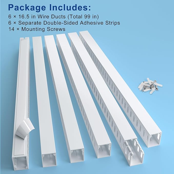 1.6"H x 1.2"W Cable Raceway, 99in Under Desk Wire Management Channel, White | Slotted Wire Duct, 6Pack, 16.5in Each, Heavy-Duty PVC Cable Management for Server Racks, Network Cables & Electrical Cabinets