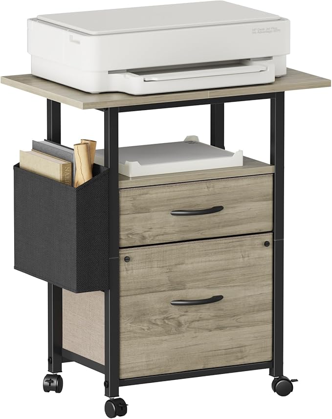 GYIIYUO 2 Drawer File Cabinet with 24'' Extended Desktop, Mobile | Rolling Filing Cabinet, Side Bag, Fits A4/Letter Size, Rolling Printer Stand, Home Office, Fabric Drawer, Oak Grey