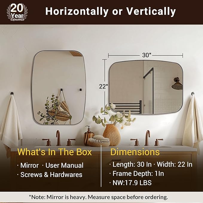 ANDY STAR Brushed Bronze Bathroom Mirror, 22x30 Oblong Mirror with Stainless Steel Metal Frame, Oval Vanity Mirror for Over Sink, Modern Anti Rust Wall Mounted