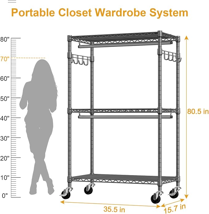 ULIFHOME P1 Rolling Clothing Rack with Lockable Wheels, Heavy-Duty Garment Rack for Hanging Clothes, Portable Closet Wardrobe with Shelves, 35.5" W x 15.7" D x 80.5" H, Hold 500lbs, Grey