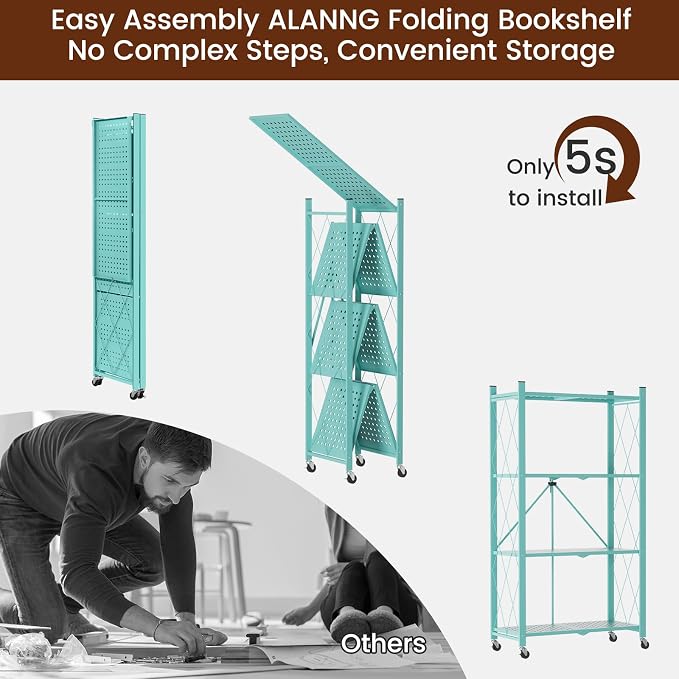 ALANNG 4 Tier Folding Storage Shelf on Wheels,Heavy Duty Metal Rolling Cart | 264 lbs Capacity, No Tools Assembly, Folds to 3.9", Lockable Casters, Portable for Kitchen Laundry Garage