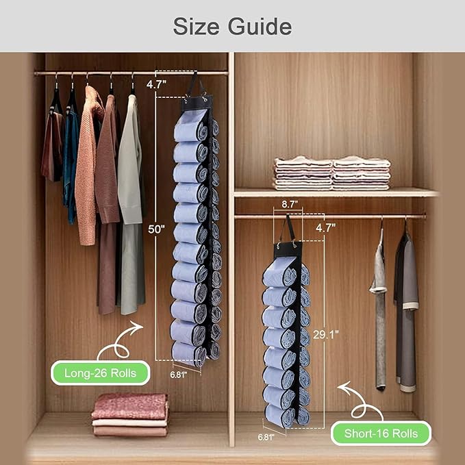 DHSFKBE Legging Organizer Storage - 2PCS T Shirt Organizer, Hanging Closet Organizers and Storage with 16 Roll Independent Compartments for Yoga Pants, Towel, Bathing Suit (Black)
