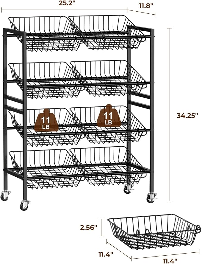 Evermagin 25.2" W Kitchen Storage Cart, 4-Tier Snack Cart with Wheels | Metal Fruit Basket Vegetable Stand, Pantry Storage Organizer with 8 Removable Baskets for Onion Potato, Black