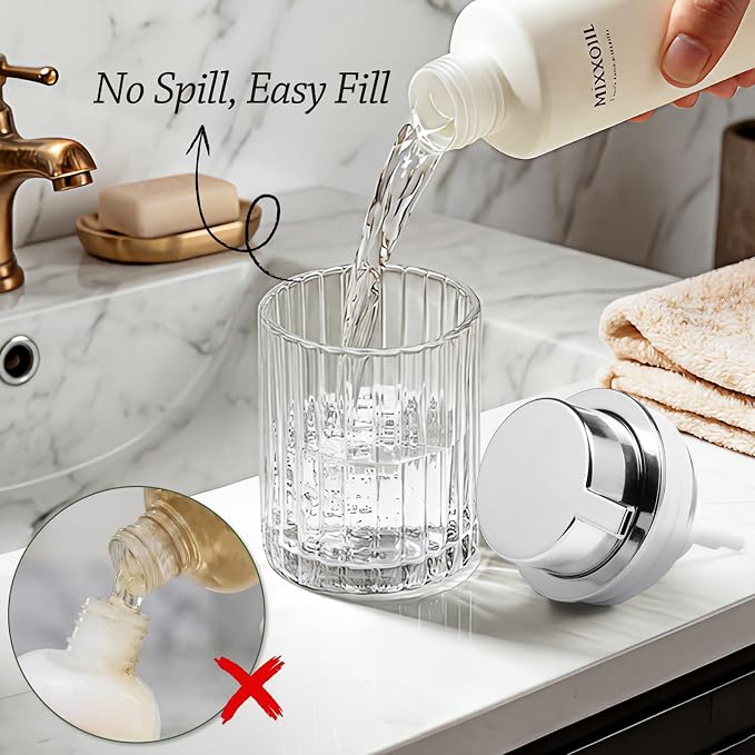 Foaming Hand Soap Dispenser, 8oz Refillable Clear Glass with Silver Pump, for Liquid Soap or Lotion, Vertical Ribbed Decor for Bathroom Vanity, Kitchen, Commercial Use - 2 Pack