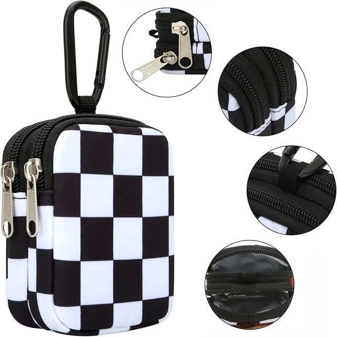 E-Tree Coin Purse with Carabiner Clip, Dual Layer Card Case Holder, Mini Pouch for AirPod Earphone Keychain USB Cable,Wallet, Small Accessories Organizer Bag for Women and Men (Black Checkered)